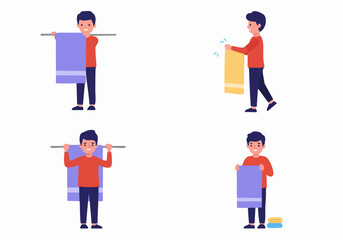 Man demonstrating towel handling for laundry and hygiene chores.