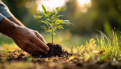 Fototapeta premium Planting a sapling in the evening sun