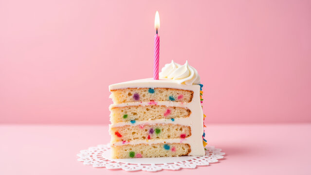 Delicious cake slice with colorful sprinkles, topped with frosting and candle, perfect for celebrations and birthdays