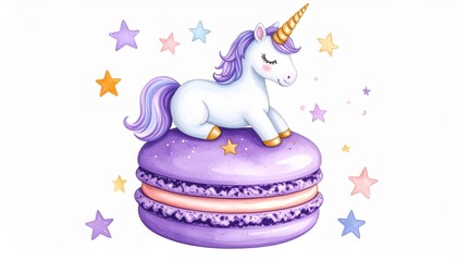 星に囲まれた紫色のマカロンの上に座るユニコーンのぬいぐるみ、夢や魔法を感じる可愛らしいデジタルイラスト
