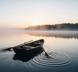 Ein hölzernes Ruderboot liegt auf einem stillen See in der Morgendämmerung