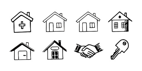 Fototapeta premium Collection of hand drawn house icons with different designs and a key and handshake illustration vector