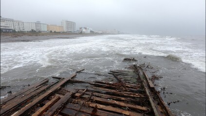 Damaged boardwalk on a stormy beach