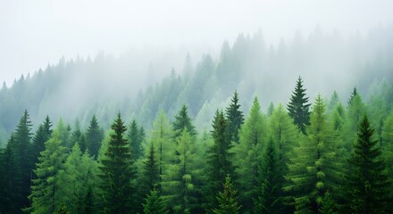 Obraz premium Misty evergreen forest on a foggy mountain slope