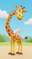 Obraz premium Whimsical Giraffe with Wings Animated Character on a Sunny Day Dream Landscape