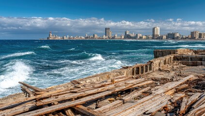 Coastal ruins with a cityscape view