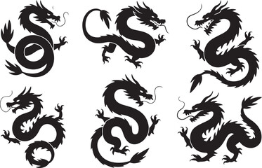 Fototapeta premium Powerful Dragon Silhouette Vector Collection for Mythical Art and Culture
