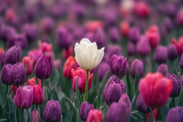Obraz premium Single white tulip amidst a field of purple and pink tulips