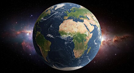 Planet Earth viewed from space, showing the continents of Africa and Europe against a starry nebula background.