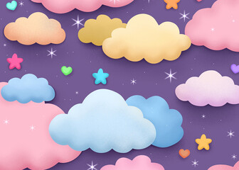 Whimsical pastel clouds and stars create a dreamy, magical sky for children's stories and fantasy.