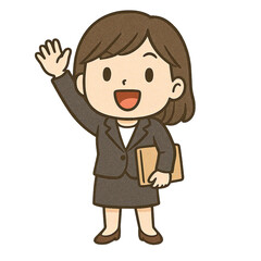Smiling Woman in Suit: An endearing illustration captures a professional woman in a suit waving hello, personifying approachability and a friendly office environment.