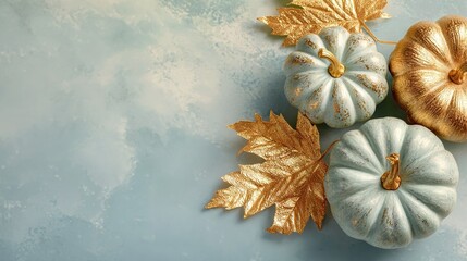 Elegant blue pumpkins with golden leaves on textured pastel background, modern autumn seasonal decoration concept for festive Thanksgiving design themes
