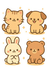 Whimsical Critters' Cartoon: Captivating cartoon drawing of a cuddly cat, adorable dog, cute bunny and adorable bear, each exuding an irresistibly charming aura that brings joy and warmth.