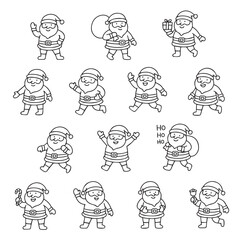 Santa Claus vector illustration displaying a variety of actions and poses. Perfect for holiday-themed projects, this black and white design captures festive spirit with cheerful expressions.
