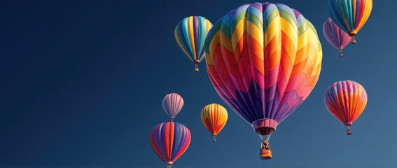 Fototapeta premium Colorful hot air balloons float against a vibrant blue sky