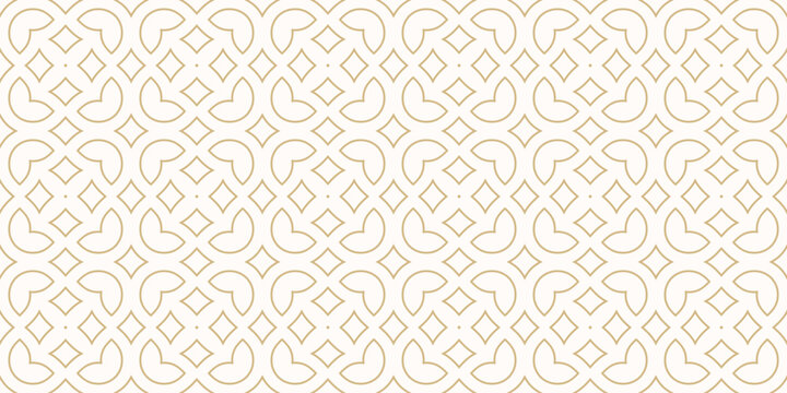 Luxury vector floral seamless pattern in oriental style. Gold and white texture with outline flowers, leaves, diamonds, curved lines. Abstract geometric background design. Golden arabesque ornament