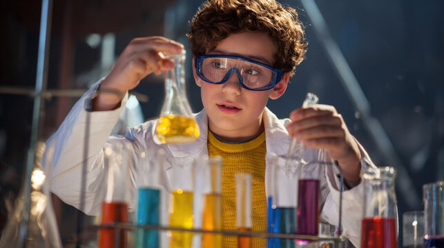 A young boy is engaged in a science experiment using colorful liquids in a laboratory setting.