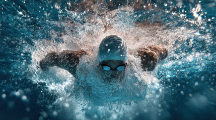 An underwater shot of a swimmer doing the butterfly stroke in a pool of water.