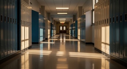 Hallway of Lockers A School's Empty Echoes in Warm Light