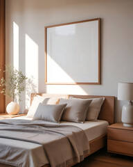 Sunlit bedroom with a large framed empty picture frame above a neatly made bed