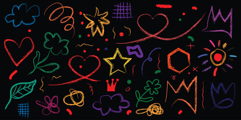 Hand marker line icon color brush element set. Crayon line arrow, speech bubble, pencil highlight and textured brush icon with cartoon heart, hand drawn marker element.