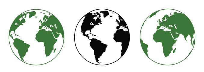 Three stylized Earth globes, one black and white, two green and white, showcasing continents on white background.