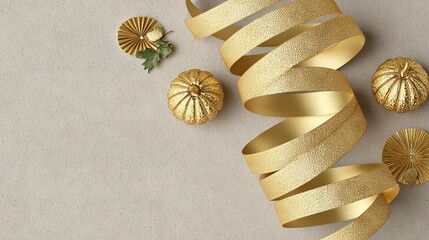Golden ribbon spiraling with metallic pumpkins on neutral background, elegant festive autumn seasonal decoration concept for Thanksgiving celebrations