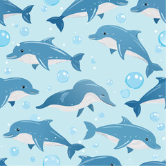 Obraz premium Fun seamless pattern of dolphins with bubbles on blue background, perfect for kids’ textiles, wallpapers, wrapping, and marine-inspired vector projects.