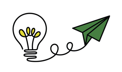 Green paper airplane takes flight from a glowing light bulb, symbolizing innovation and new ideas taking off.