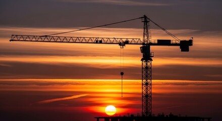 Silhouette of a large industrial tower crane on a construction site against a dramatic and colorful sunset sky