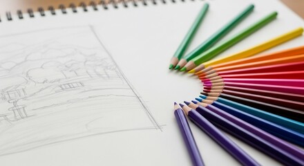 Fototapeta premium A Vibrant Rainbow of Colored Pencils Arcs Over a Landscape Sketchbook