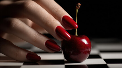 A hand with red nails holding a ripe cherry on a checkered table