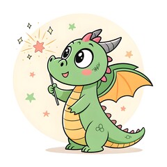 Obraz premium Chibi Dragon Breathing A Puff Of Sparkles Cute Cartoon Illustration In Adorable Kawaii Style Representing Fantasy Magic, Playful Charm, Whimsy, And Lovable Mythical Creature Fun