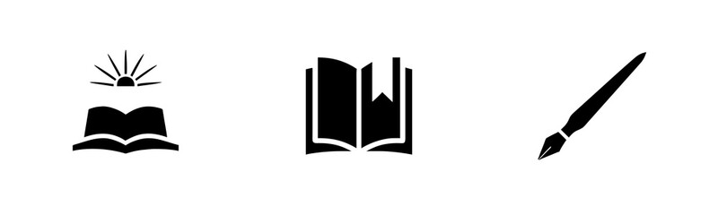Icons an open book with sun rays an open book with bookmark a pen light