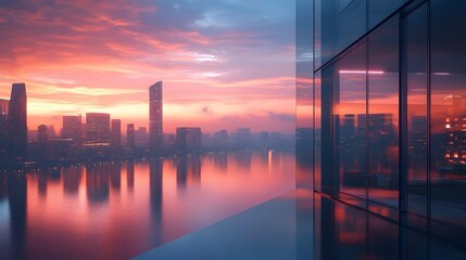 A city skyline with a river in the background