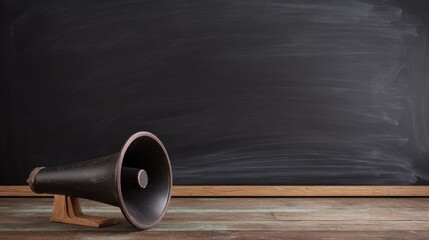 A vintage megaphone rests on a wooden stand before a weathered blackboard with faint chalk marks,