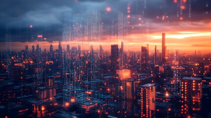 Fototapeta premium A city skyline with many buildings and a bright orange sun in the background