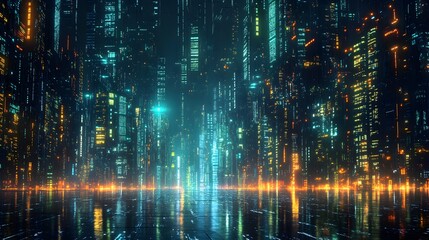 A cityscape with many buildings and lights