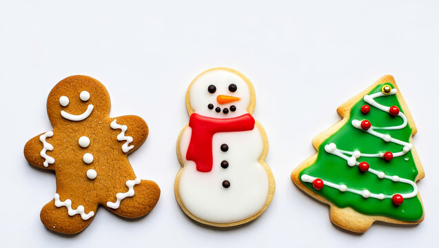 Festive cookies—snowman, gingerbread man, and Christmas tree—decorated with colorful icing, evoke holiday cheer, warmth, and seasonal celebration. AI generated.
