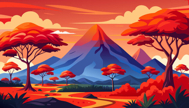 Vibrant stylized landscape with a majestic blue mountain range under a fiery orange sunset sky