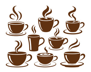 Obraz premium Collection of steaming coffee cups and mugs, perfect for cafe branding and morning beverage promotions