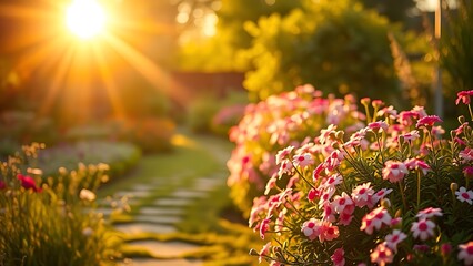 Obraz premium A serene garden path lined with blooming flowers, illuminated by the warm glow of golden hour.