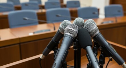 Close-up of Microphones at a Press Conference with Empty Seats