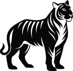 Majestic black tiger silhouette standing proudly with white stripes detailed in a stylized artistic illustration on a white background