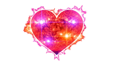 Glowing red heart with bright stars isolated on transparent background
