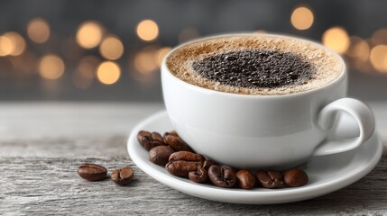 A white ceramic cup filled with espresso on a saucer with roasted coffee beans,