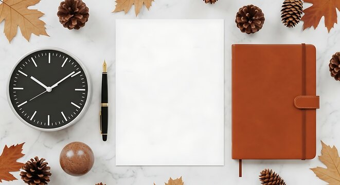 Autumnal workspace with clock, fountain pen, notebook, paper and leaves on marble background