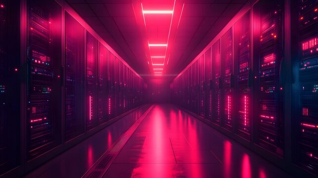 A long hallway with pink lights and a clock on the wall
