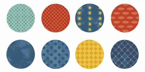 Eight Circles With Japanese Patterns And Watercolor Texture On White Background vector illustration