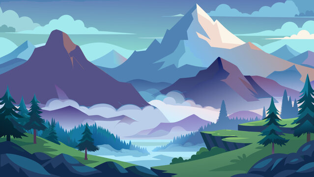 Stylized mountain landscape with a river valley and pine trees under a cloudy sky